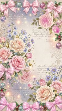 Romantic shabby chic pink roses background with diamond jeweled heart lace ribbon and vintage script wallpaper