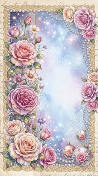 Romantic shabby chic pink roses background with diamond jeweled heart lace ribbon and vintage script wallpaper