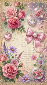 Romantic shabby chic pink roses background with diamond jeweled heart lace ribbon and vintage script wallpaper