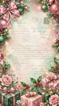 Luxury romantic Christmas background with pink roses, red glitter baubles, holly leaves, gift boxes, and vintage letter script