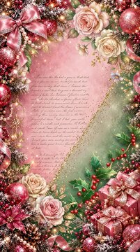 Luxury romantic Christmas background with pink roses, red glitter baubles, holly leaves, gift boxes, and vintage letter script