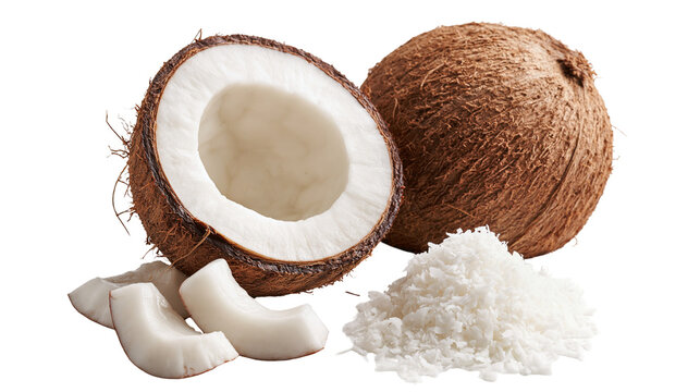 Whole brown coconut with halved fruit and pile of shredded white coconut flakes
