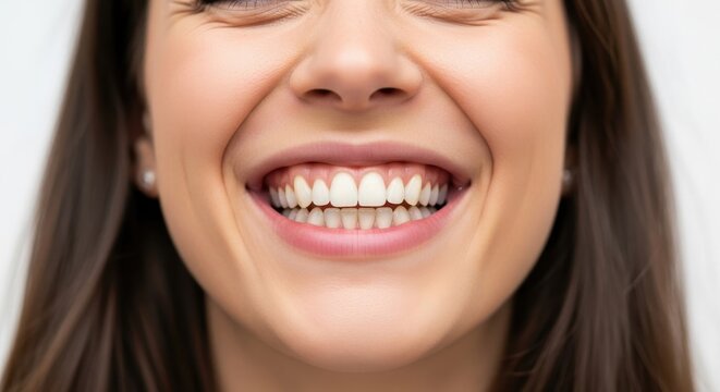 Happy woman with bright smile and closed eyes.