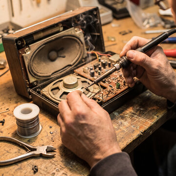 Volunteer soldering a wire joint inside an opened portable radio at a repair cafe