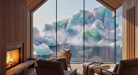 Obraz premium Modern Cozy Alpine Chalet Interior with Fireplace Armchairs and High A-Frame Glass Window View of Opalescent Rainbow Icebergs