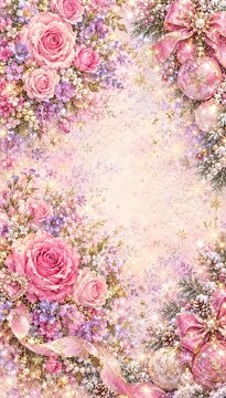 Romantic pink Christmas background frame with roses gold ornaments gift boxes and starry glitter backdrop