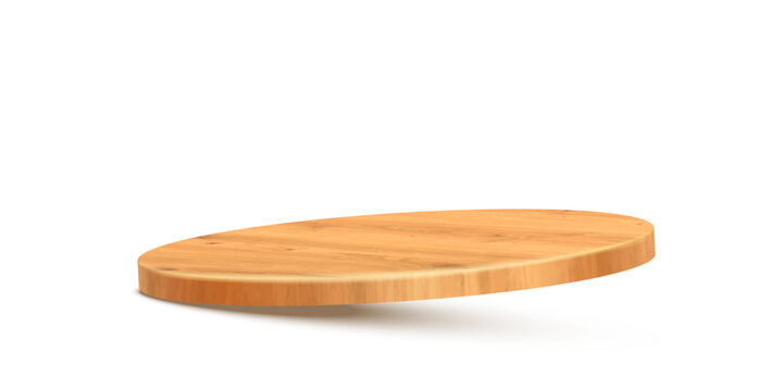 Wood podium display. Wood circular platform in warm brown tones on light background. Floating empty circle stand pedestal of natural wood for product presentation. Realistic vector illustration