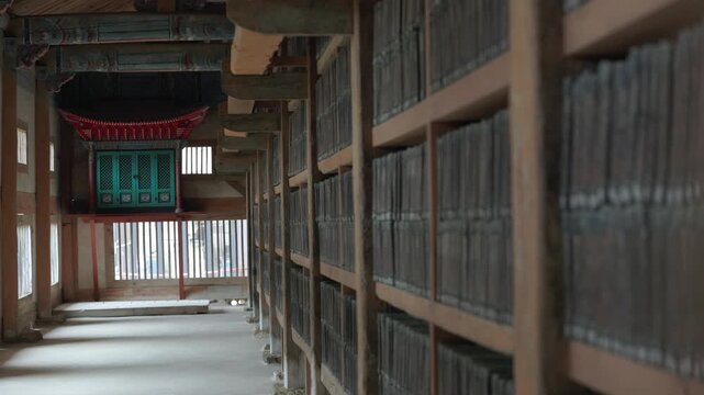 Tripitaka Koreana Woodblocks At Janggyeong Panjeon, The Historic Storage Depositories At Haeinsa Temple In South Korea. Rack Focus Shot