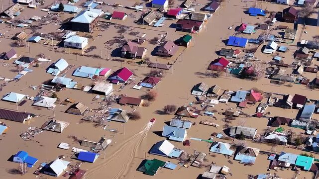 Aerial view of completely flooded and damaged houses as a result of severe flooding.
