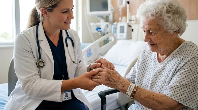 Caring doctor reassures elderly patient in hospital room with gentle touch