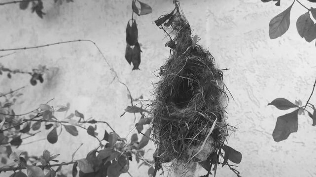 Black and White Hanging Woven Bird Nest in Garden