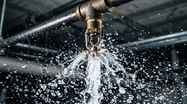 A close up view of an active fire sprinkler connected to a ceiling pipe, spraying water violently as part of an emergency system triggered by a smoke detector, underscoring the water spray
