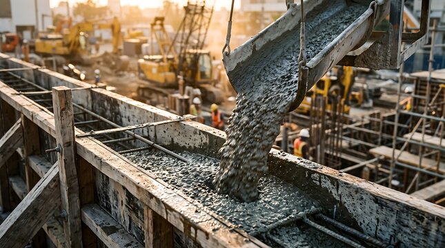 A construction scene shows liquid concrete being poured from a mixer chute into wooden formwork filled with rebar, with heavy machinery in the background.