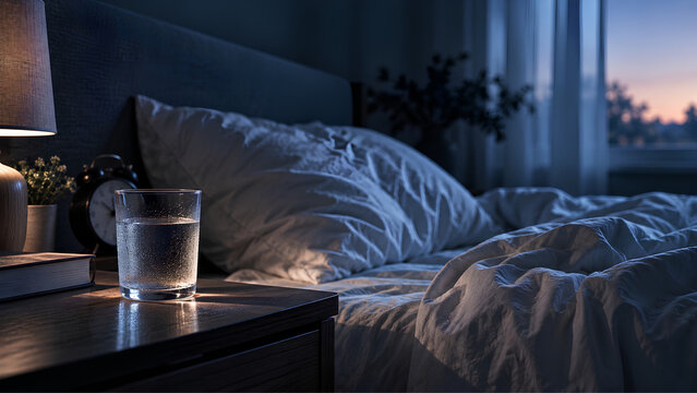 Glass of water on a nightstand beside a cozy unmade bed in a dim bedroom at early morning or night