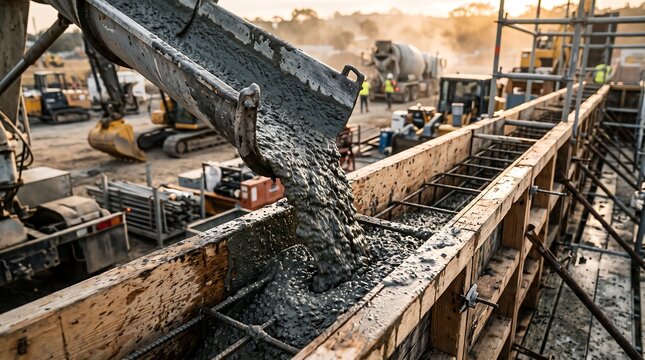 Close-up of wet concrete flowing from a construction mixer's chute into a braced wooden frame containing steel reinforcement bars, indicating ongoing building work.