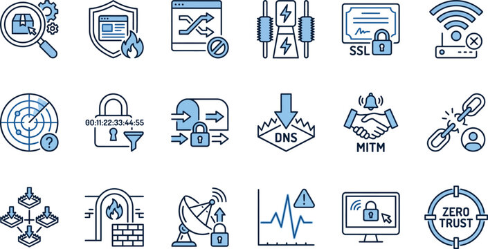 Cybersecurity and network threat protection vector icons set representing firewall ssl certificate dns security man in the middle attack prevention and zero trust architecture