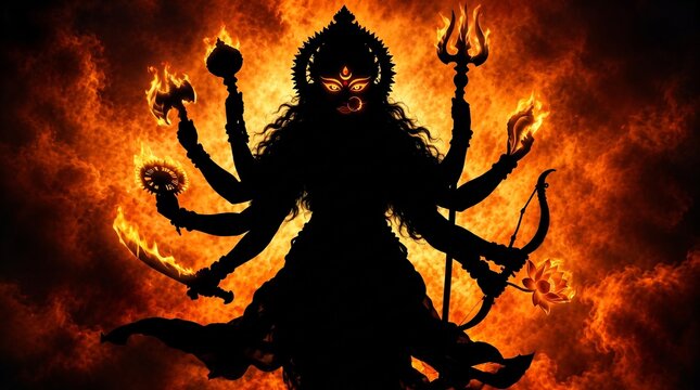 Goddess Durga in a multi-armed fiery silhouette with glowing eyes