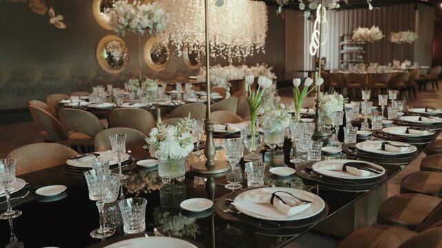 Elegant dining table set for a special event, featuring intricate place settings, crystal glasses, and white floral centerpieces