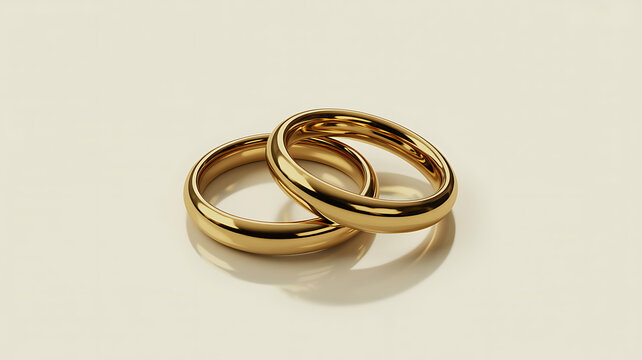 Two interlocking gold wedding rings resting on a smooth light beige surface with soft shadows and reflections, symbolizing marriage, commitment, love, and unity in a minimalist studio setting