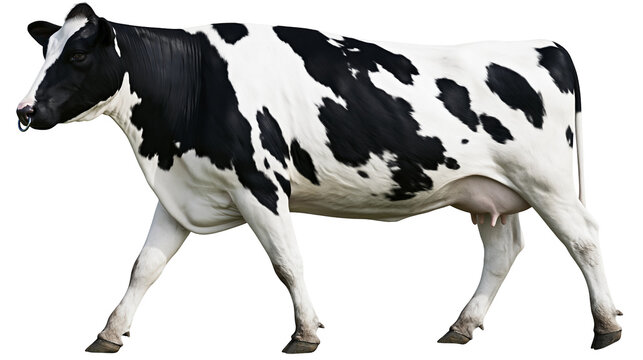 Black and white Holstein dairy cow walking with a nose ring