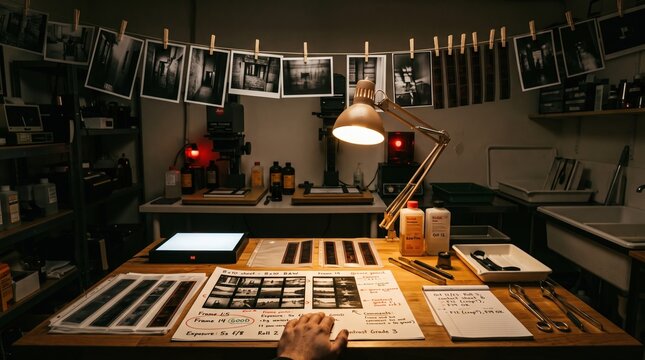 Photographer reviewing black and white film contact sheets in a darkroom workspace with hanging prints and analog equipment on a wooden table. The scene captures a professional photography process.