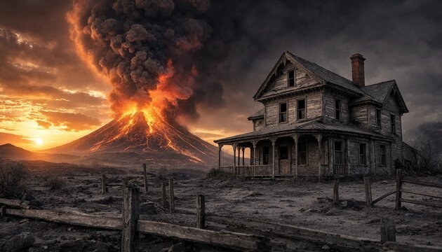 A surreal and dramatic scene of an abandoned old farmhouse situated in a barren volcanic landscape during a massive sunset eruption
