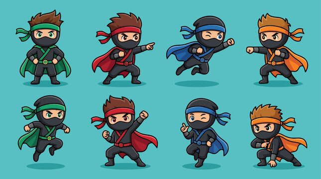 Colorful cartoon ninja superhero character collection featuring original masked heroes in dynamic action poses