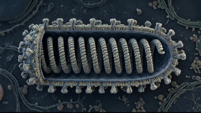 Neurotropic agent structure: rabies virus, rhabdovirus infect, bullet shape, helical genome, cause disease, deadly pathogen, medical, cellular detail.