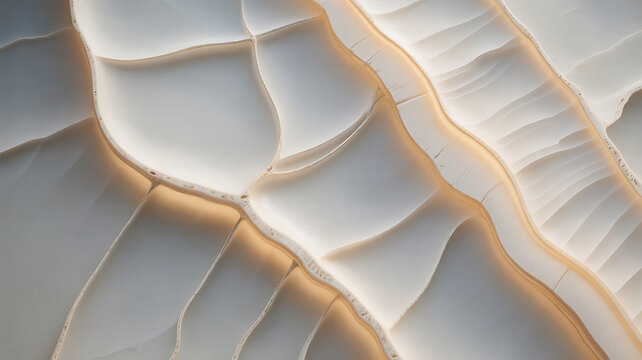 Abstract macro view of white translucent agate stone with organic wavy layers and glowing warm light, layered mineral structure, smooth curved ridges, geological formation, soft focus, light