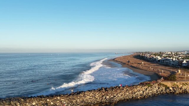 Aerial view explains why they call this place the Wedge. This low altitude Gimbal shows one of many directions the waves will travel into this corner of Newport Beach.
