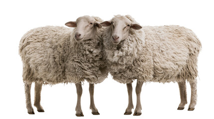 Two fluffy white sheep standing side by side with thick woolly coats © Gael