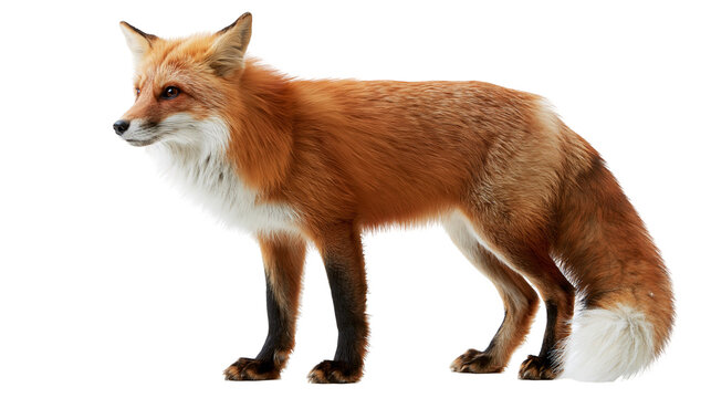 Full body side view of a standing red fox with white tipped tail and black legs