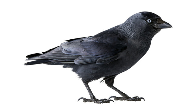 Western jackdaw with black plumage and bright pale eye standing in profile