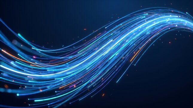 Abstract blue and cyan light streaks flow and swirl in a dark digital space creating a dynamic and futuristic visual representation of data transfer or energy movement.