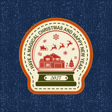 Vintage Christmas 2027 Snow Globe Badge with Santa Sleigh, Mountain Cabin, Christmas Tree and Holiday Greeting, Retro Winter Emblem Design for Seasonal Cards, Apparel, Stickers and Prints