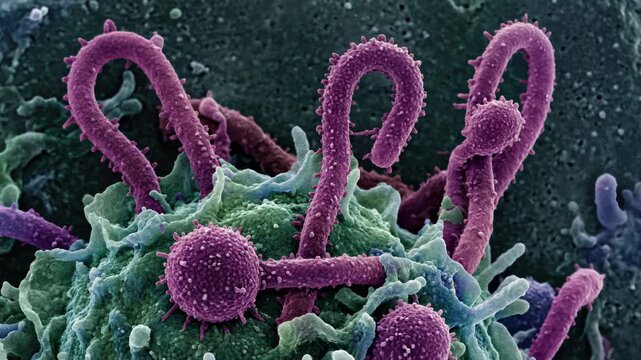 Pathogenic virion emergence: Ebola particle, host cell, viral replication, disease agent, microscopic structure, infectious threat, biological process, health crisis.