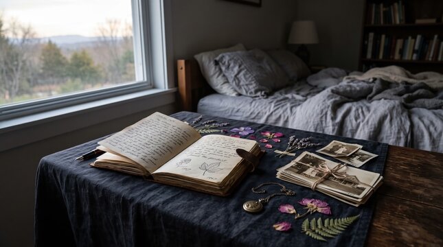 Open vintage journal with pressed flowers and antique photographs on a dark table captures a nostalgic workspace with handwritten notes and heirloom memories in a moody bedroom setting.