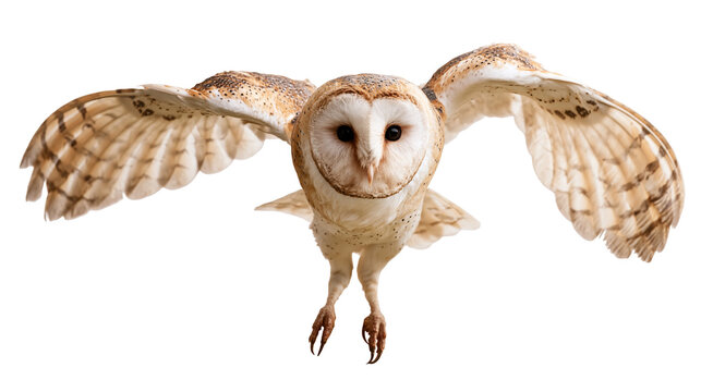 Barn owl flying with wings spread wide and forward facing gaze
