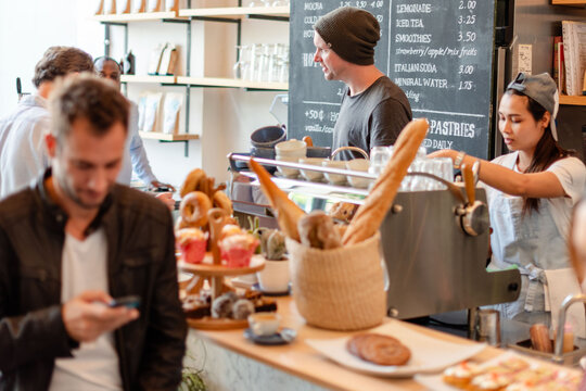 Bustling cafe with friendly atmosphere.