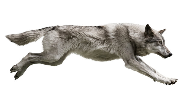 Grey wolf running in a dynamic leap with thick fur and sharp gaze