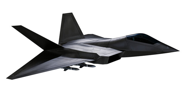 Sleek dark grey stealth fighter jet with missiles in flight
