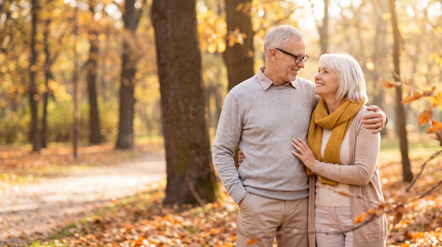 Elderly couple enjoying a moment together in an autumn park, surrounded by colorful leaves and trees, walking path visible in the background