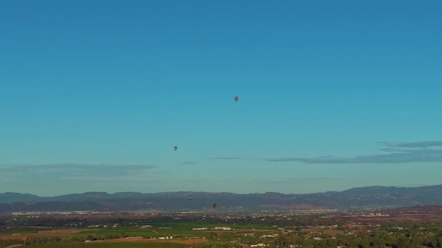 Colorful hot air balloons float above green fields and distant hills under clear sky