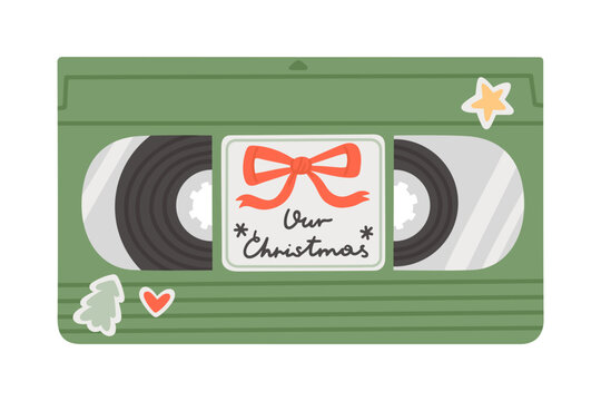 Videotape with Christmas video. Design element for greeting card. Vector illustration. VHS cassette with holiday family film