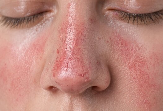 Close-up portrait of a person with severe facial redness, inflammation, and skin irritation typical of rosacea or dermatitis