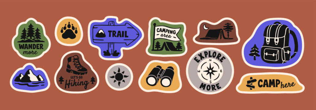 Hiking sticker pack. Adventure in nature badges. Design of colored patches with camping items. Scout emblems. Backpacks, tents, prints, campfire and compass. Flat isolated vector illustrations.