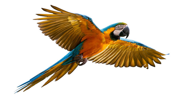 Blue and yellow macaw parrot flying with wings spread wide