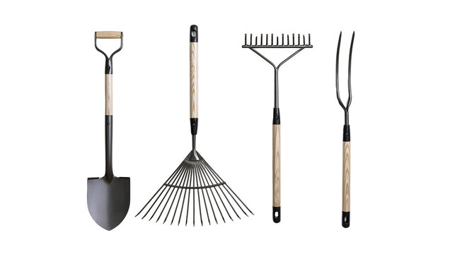 Garden shovel leaf rake soil rake, and pitchfork with wooden handles