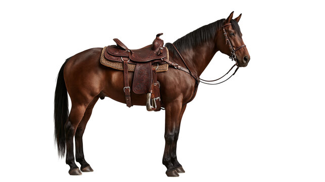 Bay horse with brown leather western saddle and bridle standing in profile