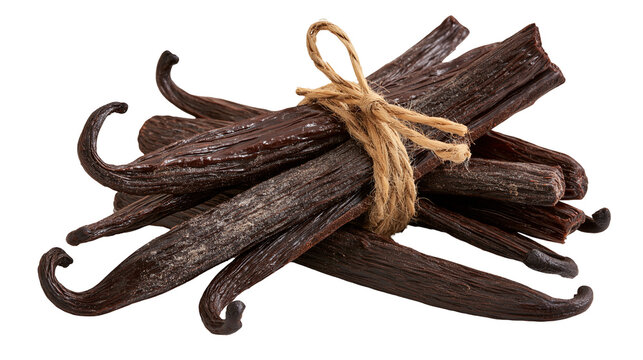 Bundle of dried dark brown vanilla bean pods tied with natural jute twine